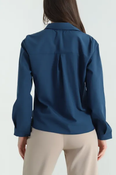 İndigo Poplin Kumaş Kadın Crop Gömlek 355801