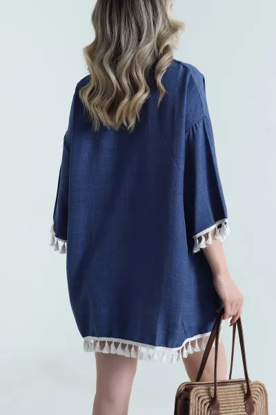 İndigo Püsküllü Keten Kadın Kimono 481641