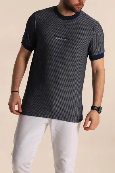 İndigo Regular Fit Çizgi Dokulu Yazı Detay Erkek Tişört 268725