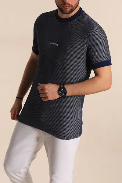 İndigo Regular Fit Çizgi Dokulu Yazı Detay Erkek Tişört 268725