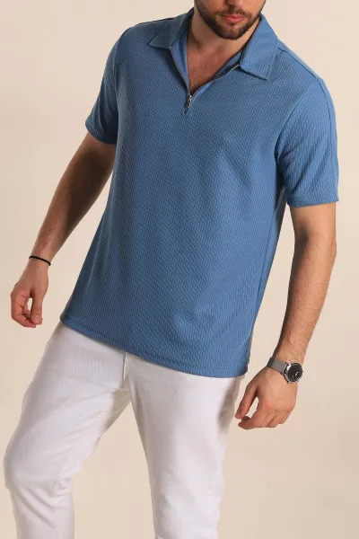 İndigo Regular Fit Fitilli Doku Fermuarlı Yaka Erkek Tişört 268889
