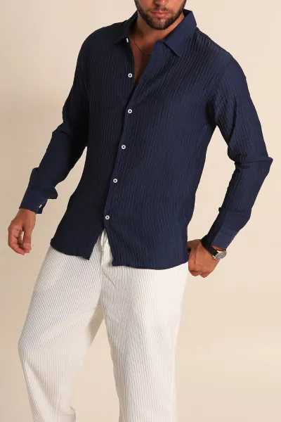 İndigo Regular Fit Plise Dokulu Erkek Gömlek 283875
