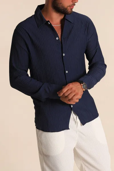 İndigo Regular Fit Plise Dokulu Erkek Gömlek 283875