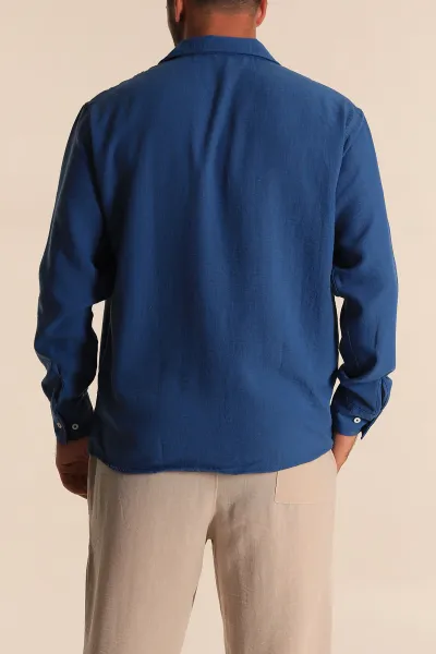 İndigo Relaxed Fit Bambu Keten Apaş Yaka Erkek Gömlek 285491