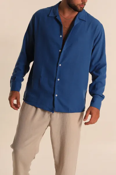 İndigo Relaxed Fit Bambu Keten Apaş Yaka Erkek Gömlek 285491