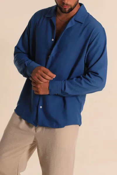İndigo Relaxed Fit Bambu Keten Apaş Yaka Erkek Gömlek 285491