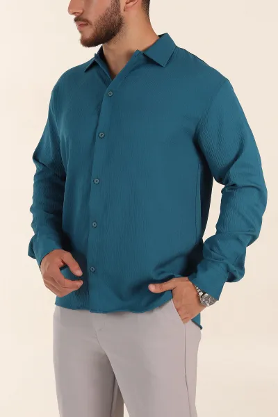İndigo Relaxed Fit Bürümcük Dokulu Uzun Kollu Erkek Gömlek 369321