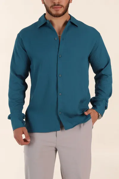 İndigo Relaxed Fit Bürümcük Dokulu Uzun Kollu Erkek Gömlek 369321