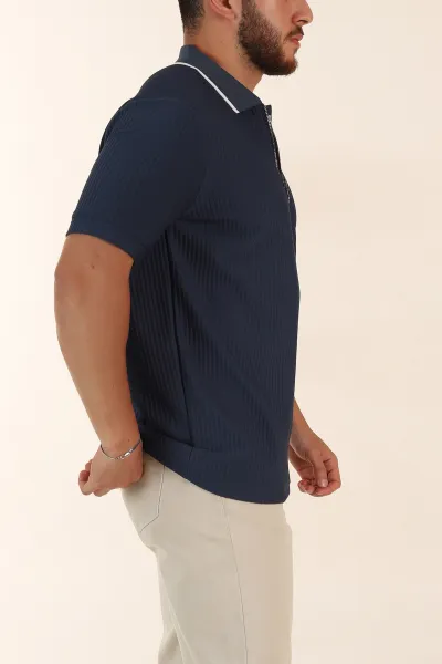 İndigo Relaxed Fit Çizgili Fermuarlı Polo Yaka Erkek Tişört 370340
