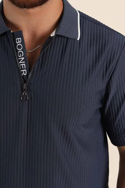 İndigo Relaxed Fit Çizgili Fermuarlı Polo Yaka Erkek Tişört 370340