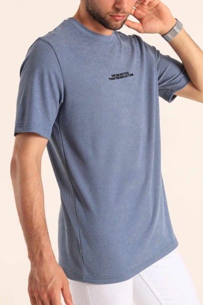 İndigo Relaxed Fit Dokulu Slogan Baskılı Erkek Tişört 186772