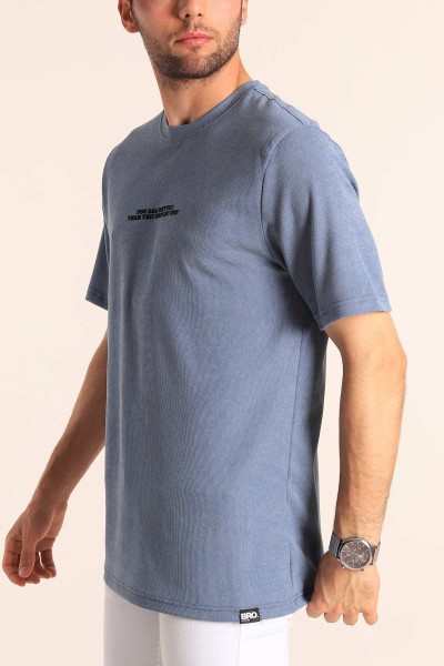 İndigo Relaxed Fit Dokulu Slogan Baskılı Erkek Tişört 186772