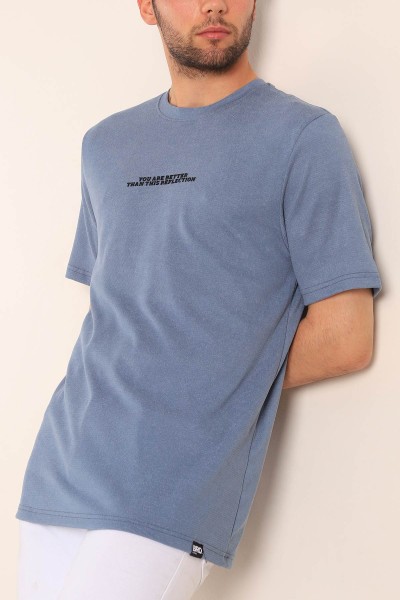 İndigo Relaxed Fit Dokulu Slogan Baskılı Erkek Tişört 186772