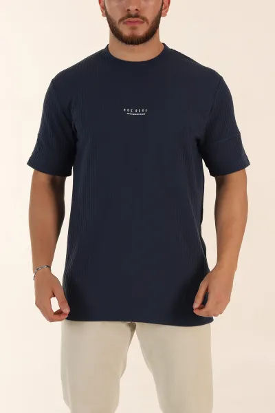 İndigo Relaxed Fit Dokulu Yazı Detaylı Erkek Tişört 370310