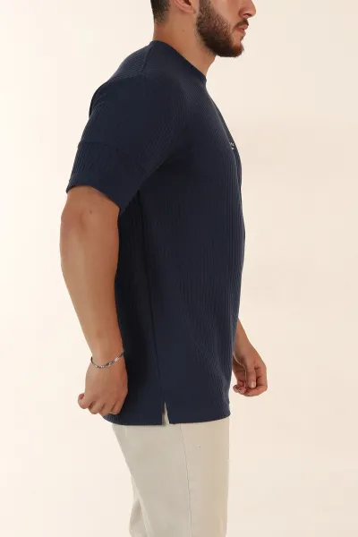 İndigo Relaxed Fit Dokulu Yazı Detaylı Erkek Tişört 370310