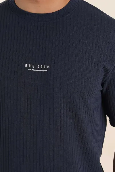 İndigo Relaxed Fit Dokulu Yazı Detaylı Erkek Tişört 370310