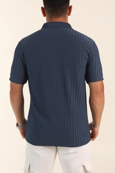 İndigo Relaxed Fit Fitilli Doku Fermuarlı Polo Yaka Erkek Tişört 373053