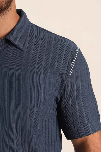 İndigo Relaxed Fit Fitilli Doku Fermuarlı Polo Yaka Erkek Tişört 373053