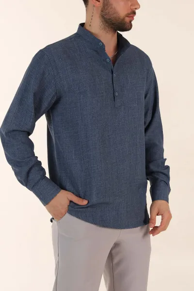 İndigo Relaxed Fit Hakim Yaka Yarım Düğmeli Erkek Gömlek 369855
