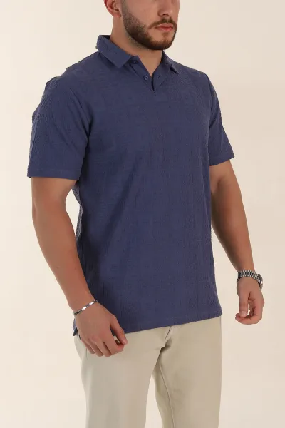 İndigo Relaxed Fit Kabartma Desenli Düğmeli Polo Yaka Erkek Tişört 358081