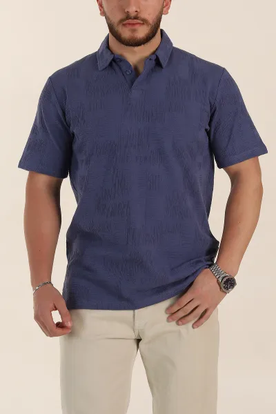 İndigo Relaxed Fit Kabartma Desenli Düğmeli Polo Yaka Erkek Tişört 358191