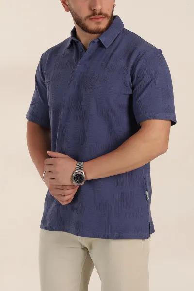 İndigo Relaxed Fit Kabartma Desenli Düğmeli Polo Yaka Erkek Tişört 358191