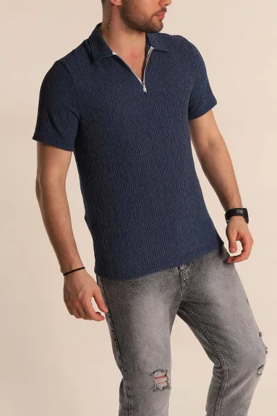 İndigo Relaxed Fit Melanjlı Fermuarlı Polo Yaka Erkek Tişört 267653