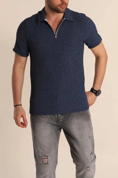 İndigo Relaxed Fit Melanjlı Fermuarlı Polo Yaka Erkek Tişört 267653