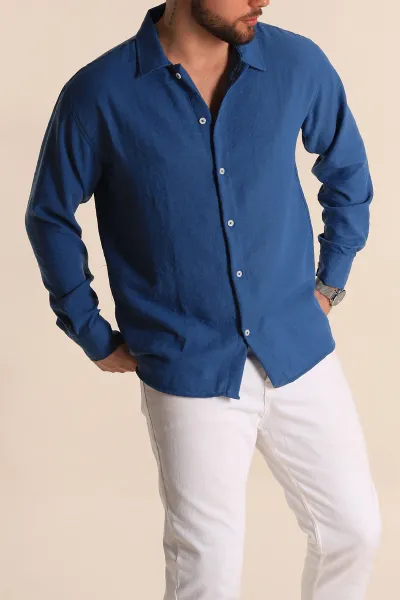 İndigo Relaxed Fit Uzun Kollu Keten Erkek Gömlek 275527