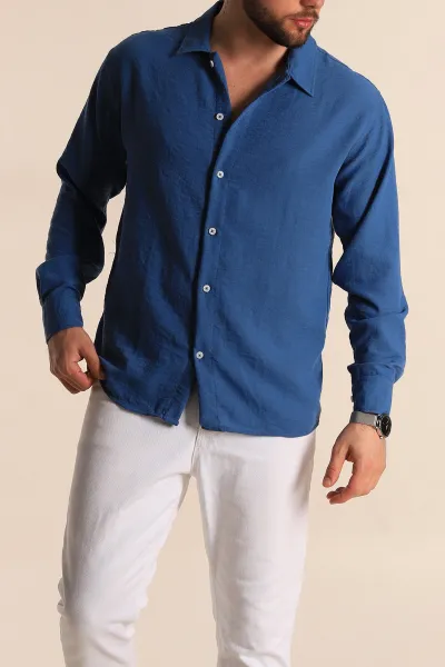 İndigo Relaxed Fit Uzun Kollu Keten Erkek Gömlek 275527