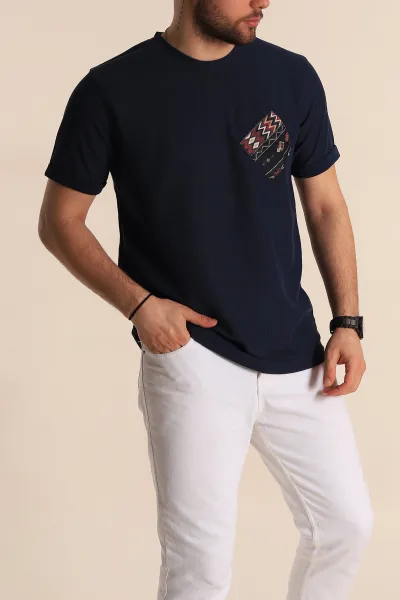 İndigo Slim Fit Etnik Desen Yamalı Duble Kol Erkek Tişört 268708