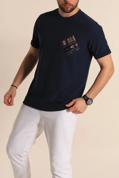 İndigo Slim Fit Etnik Desen Yamalı Duble Kol Erkek Tişört 268708