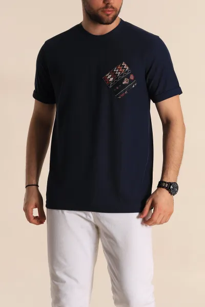 İndigo Slim Fit Etnik Desen Yamalı Duble Kol Erkek Tişört 268708