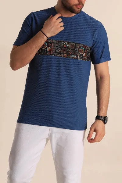 İndigo Slim Fit Etnik Desenli Duble Kol Erkek Tişört 268658
