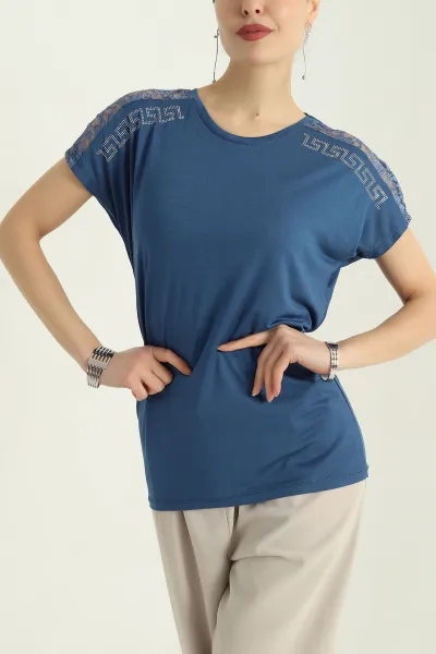 İndigo Taşlı Güpürlü Çilek Kumaş Bluz 334571
