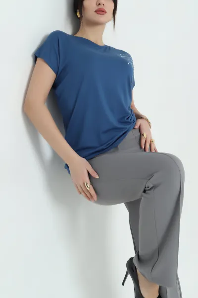 İndigo Taşlı İncili Çilek Kumaş Bluz 334538