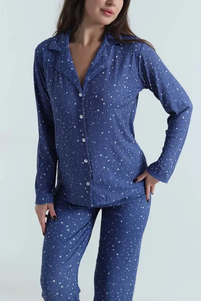 İndigo Uzun Kol Düğmeli Pegasus Kadın Pijama Takımı 499821