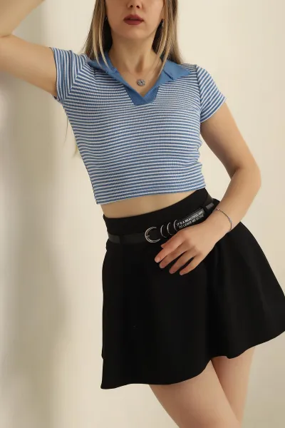 İndigo Yakalı Çizgili Bluz 252435