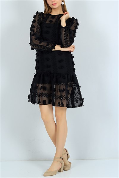 İşlemeli Siyah Tasarım Elbise 24110B