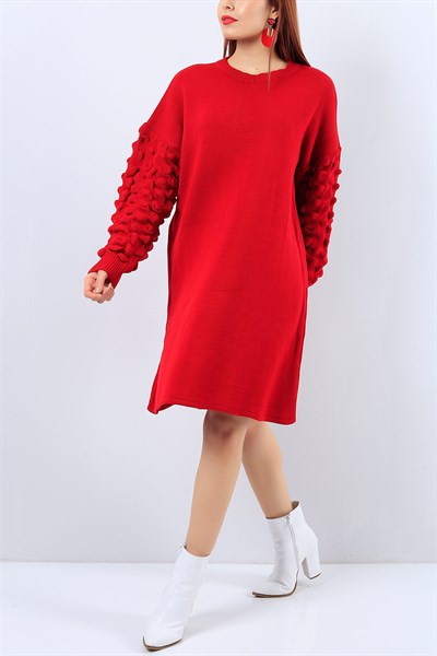 Kabartma Kollu Kırmızı Triko Elbise 21673B