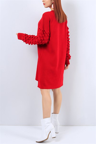 Kabartma Kollu Kırmızı Triko Elbise 21673B
