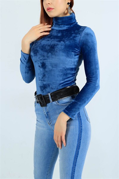 Kadife Boğazlı Mavi Bluz 23960B