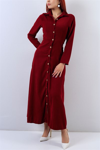 Boydan Düğmeli Kadife Bordo Elbise 18537B