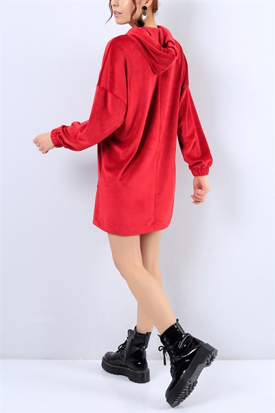 Kadife Cep Detaylı Kırmızı Elbise 20567B