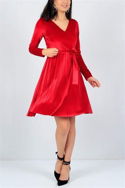 Kadife Eteği Pileli Kırmızı Elbise 19211B