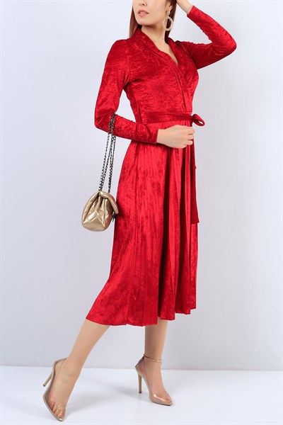 Kadife Eteği Pileli Kırmızı Elbise 21954B