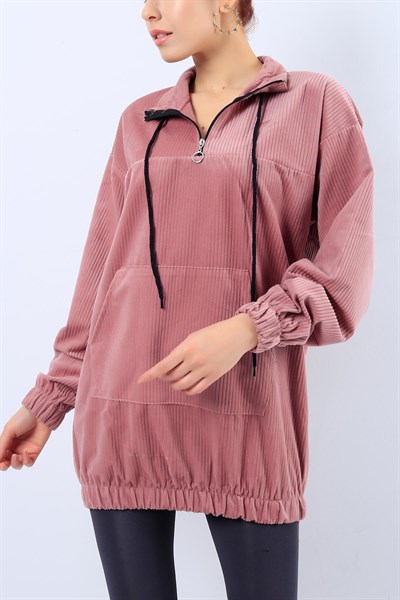 Kadife Fitilli Cepli Gül Kurusu Bayan Sweat 20581B