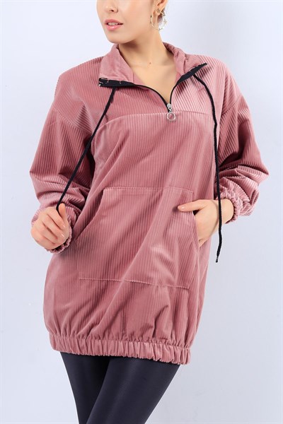 Kadife Fitilli Cepli Gül Kurusu Bayan Sweat 20581B