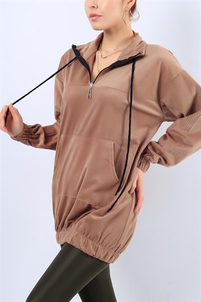 Kadife Fitilli Cepli Vizon Bayan Sweat 20579B
