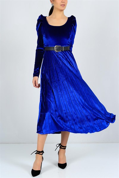 Kadife Kemer Detaylı Saks Mavisi Elbise 23543B